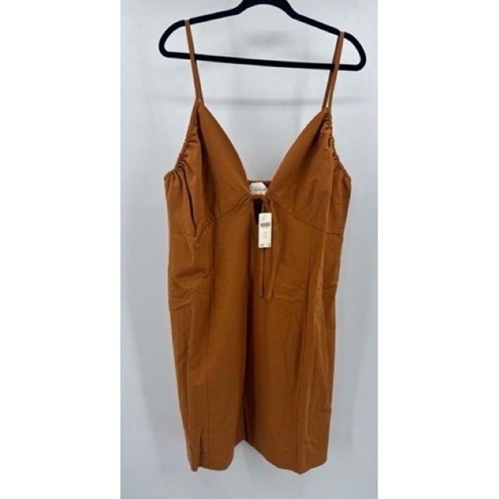 Anthropologie NEW Tan Linen Tie Front Smocked Mini Dress 2X Boho Coastal Curvy - Picture 4 of 9